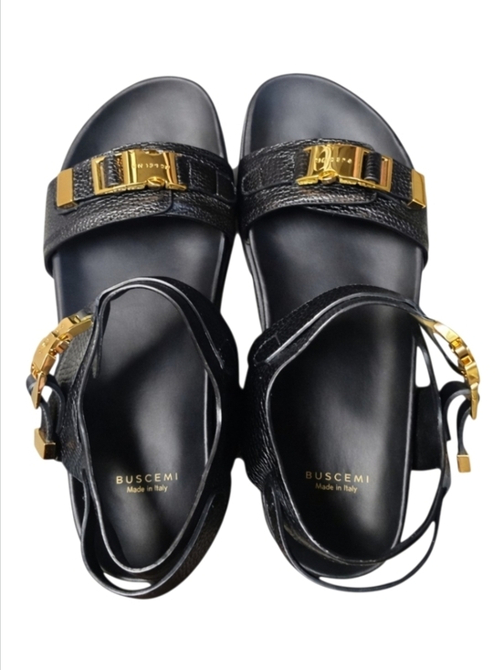 BUSCEMI | Black Leather Lug Sole Sandals Gold Buckle EU 48 US 15 main image 7